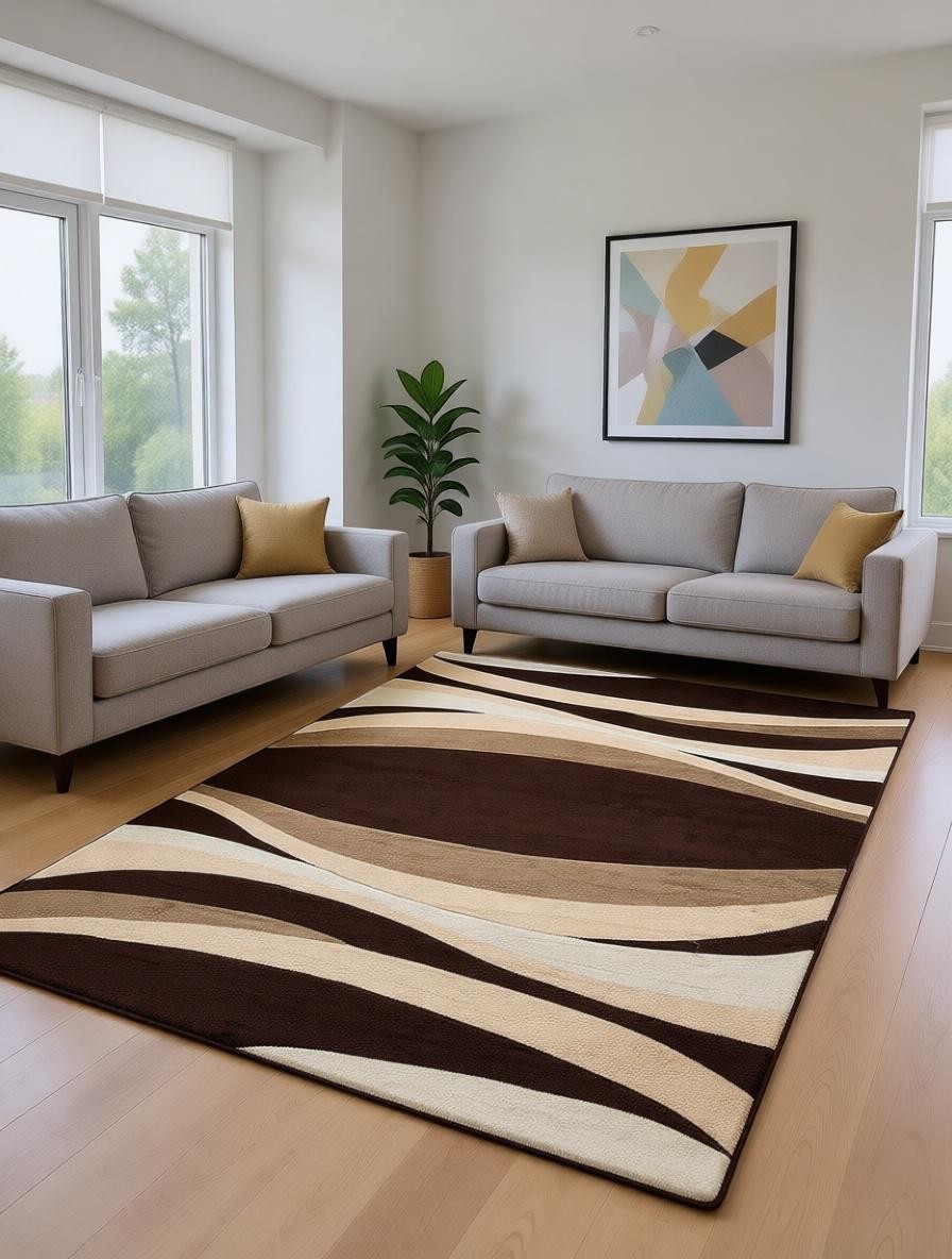 CarpetlyHome barna és bézs hullámmintás modern szőnyeg, 100% polipropilén, 12 mm szálhossz.