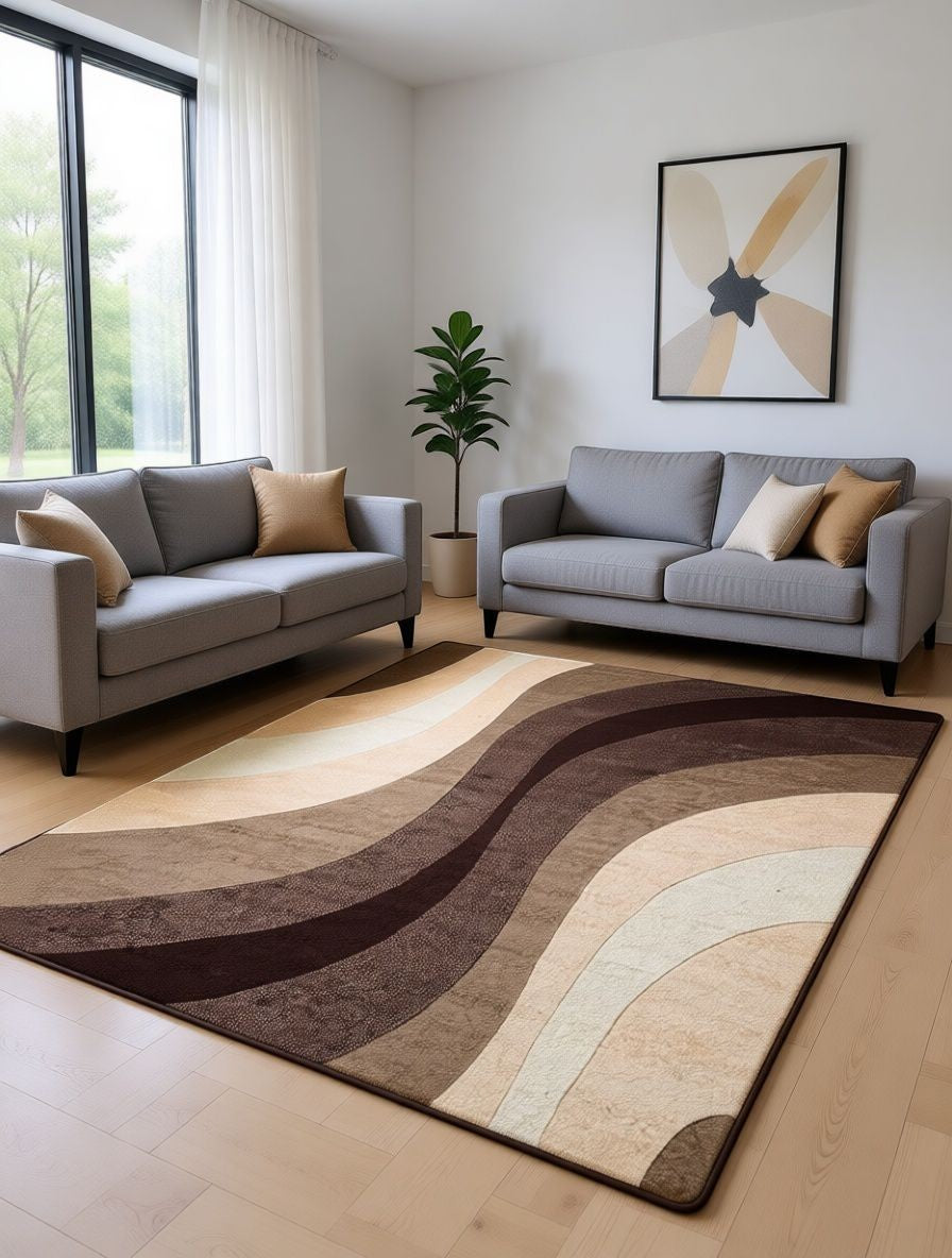 CarpetlyHome barna hullámzó mintás modern szőnyeg, 100% polipropilén, 12 mm szálhossz, könnyen tisztítható, padlófűtéshez is alkalmas.