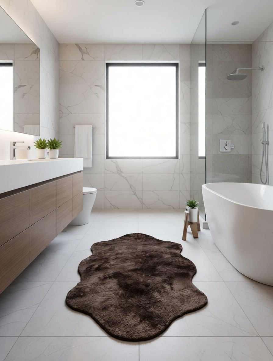 CarpetlyHome barna shaggy plüss fürdőszoba szőnyeg, puha, szabálytalan alakú, 30mm szálhossz, 100% polipropilén