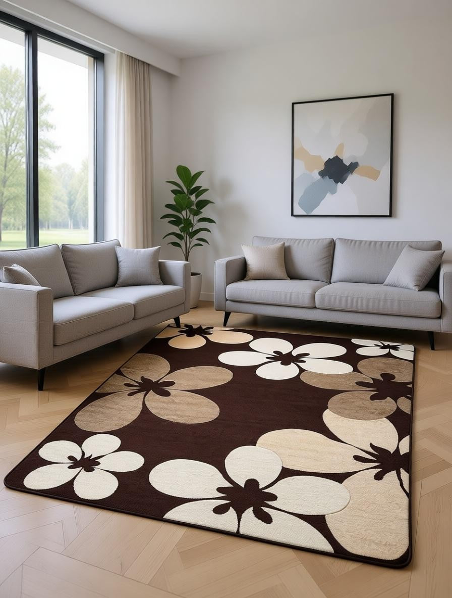 CarpetlyHome barna virágmintás modern szőnyeg, 100% polipropilén, 12 mm szálhossz, ideális nappaliba.