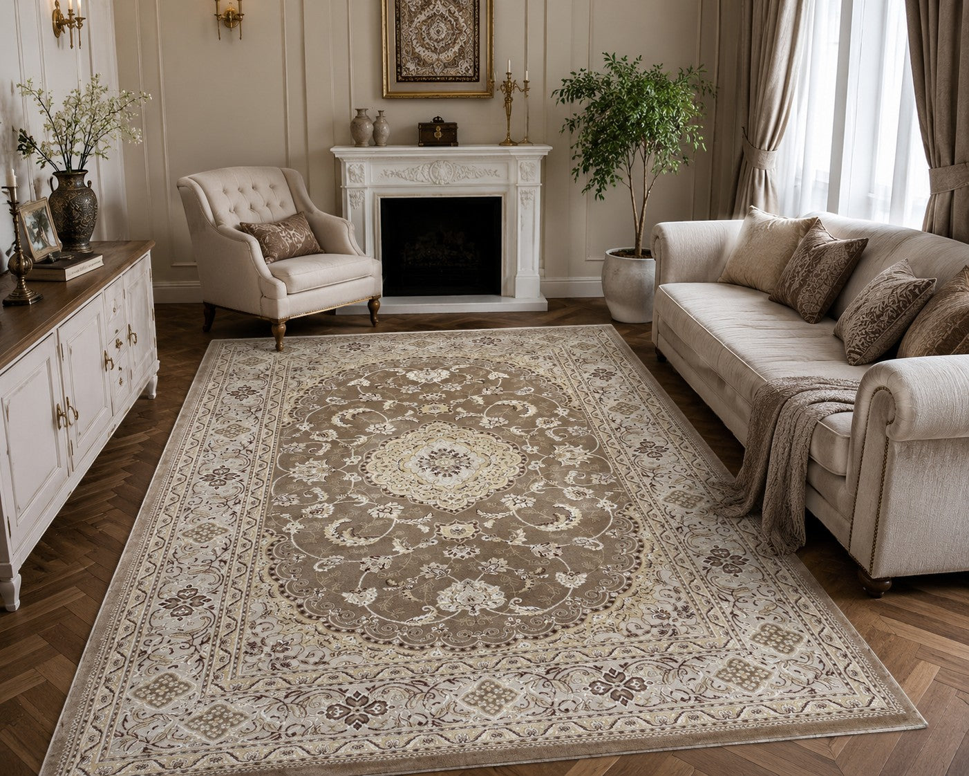 CarpetlyHome bézs klasszikus mintás szőnyeg, 100% polipropilén, 12 mm szálhossz, padlófűtéshez is alkalmas.