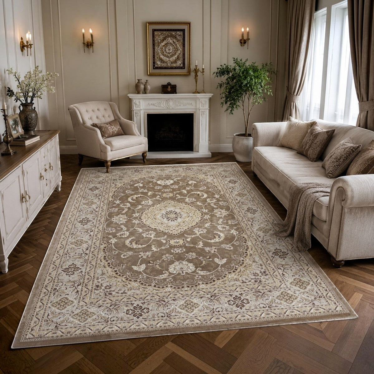 CarpetlyHome bézs klasszikus mintás szőnyeg, 100% polipropilén, 12 mm szálhossz, padlófűtéshez is alkalmas.