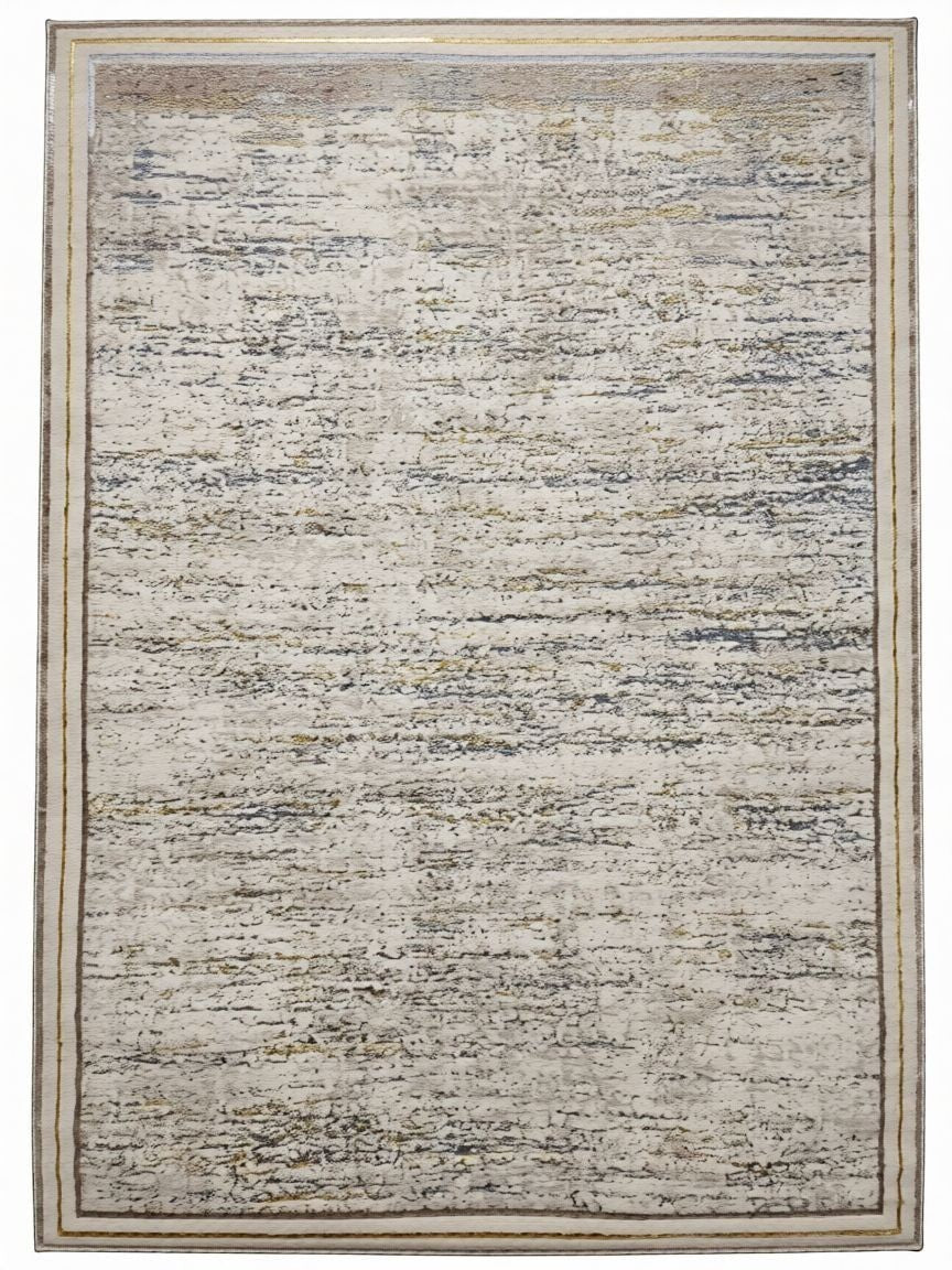 CarpetlyHome bézs, kopott mintás modern szőnyeg, arany és szürke részletekkel, 8 mm szálhosszúsággal.