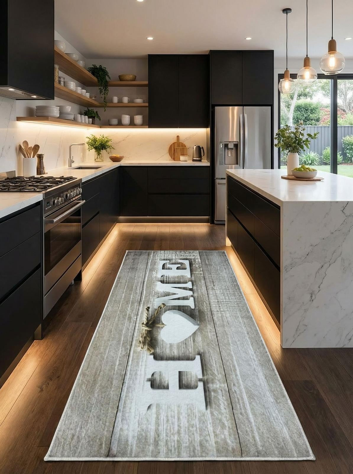 CarpetlyHome bézs színű, rusztikus fa mintás futószőnyeg "HOME" felirattal és szív motívummal, csúszásgátló hátoldallal.