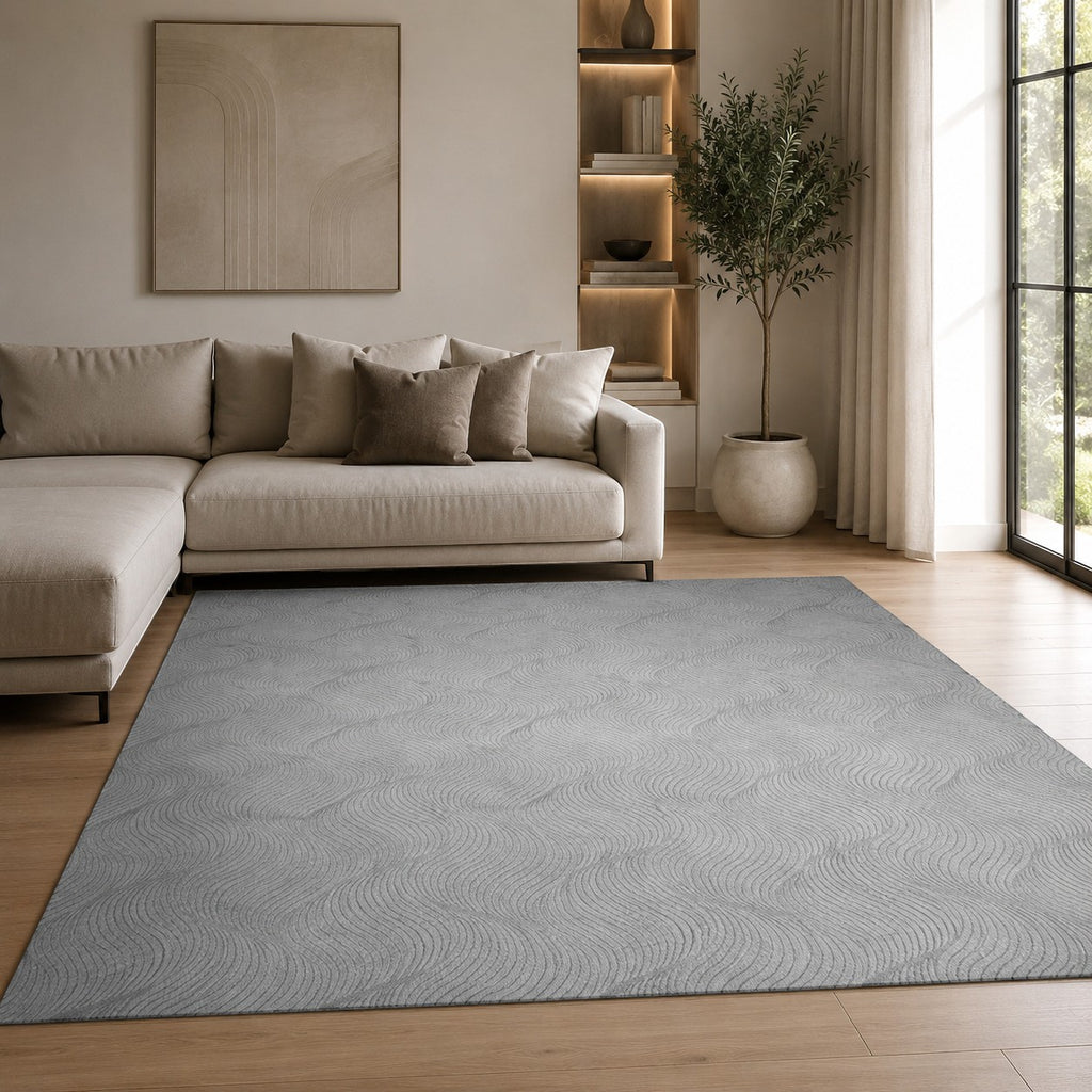 CarpetlyHome Bergamo hullám mintás szürke puha szőnyeg, 100% polipropilén, 8 mm szálhossz, csúszásmentes hátlap.