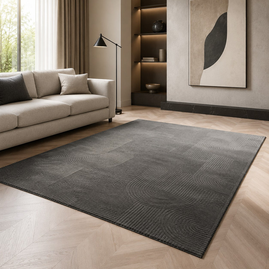 CarpetlyHome Bergamo Joy antracitszürke, puha, geometrikus mintás szőnyeg, 100% polipropilén, 8 mm szálhossz.