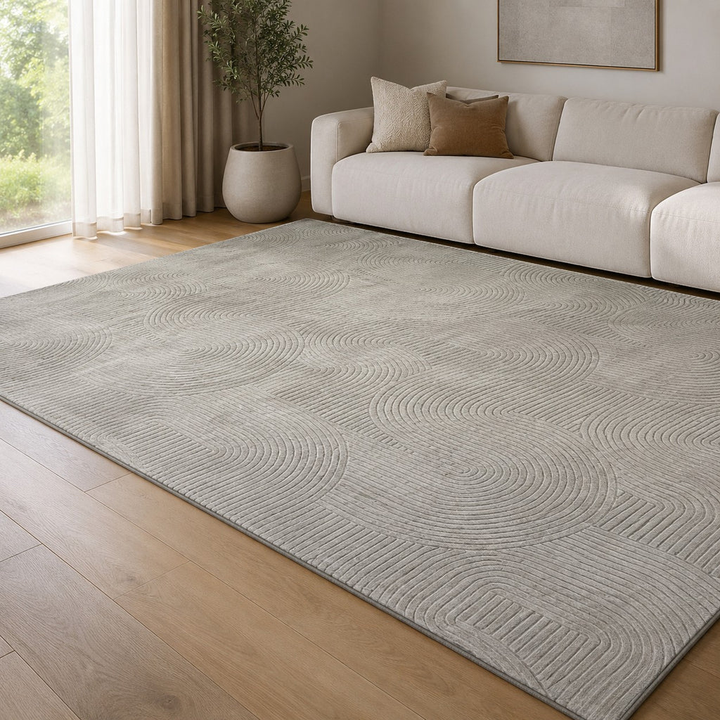 CarpetlyHome Bergamo Joy bézs szőnyeg absztrakt mintával, puha polipropilénből, 8 mm szálhosszúsággal.