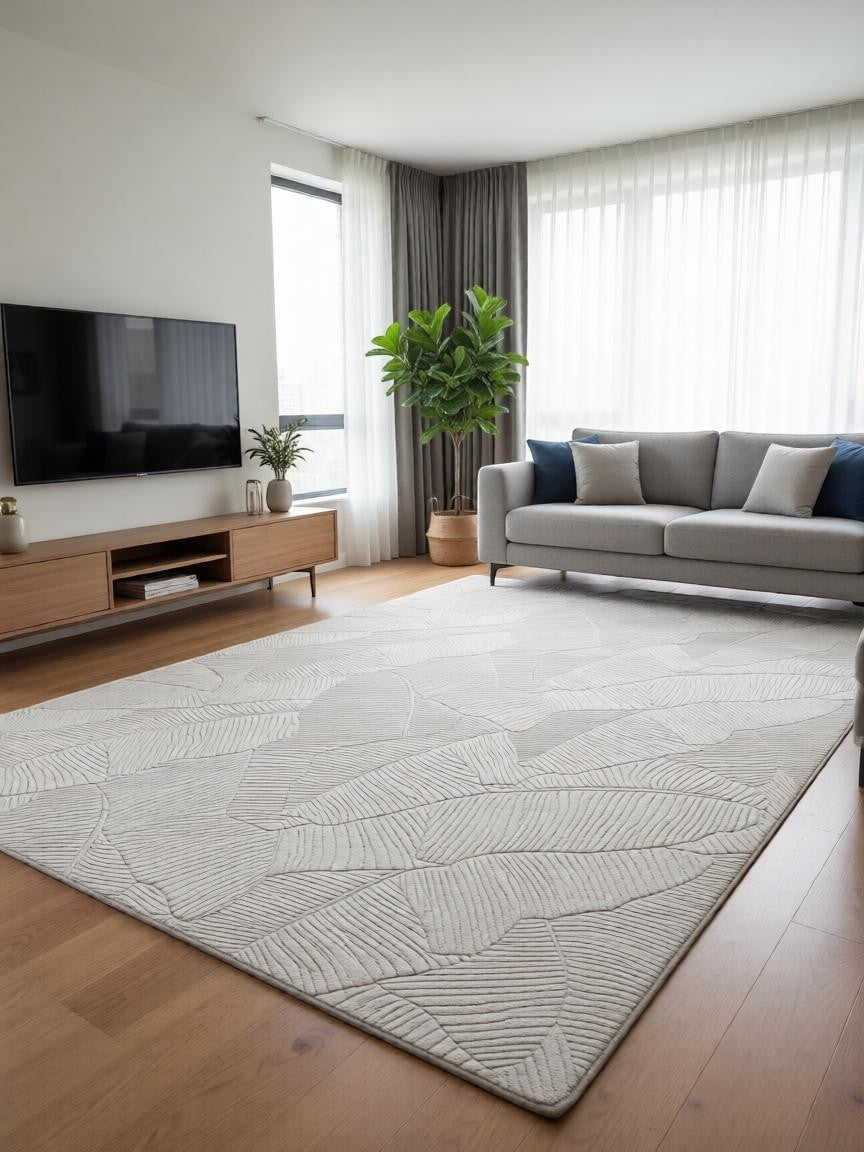 CarpetlyHome Bergamo levél mintás krémszínű, puha szőnyeg, 100% polipropilén, 8 mm szálhossz.