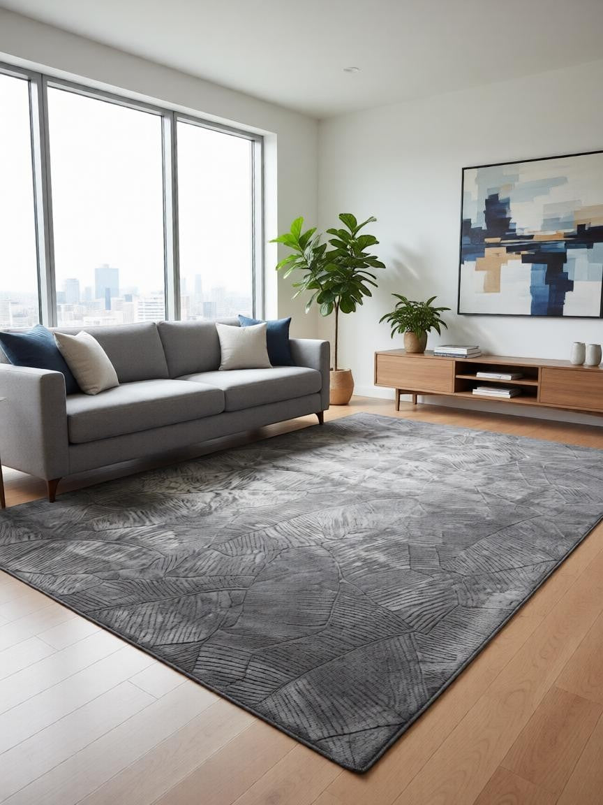 CarpetlyHome Bergamo levél mintás antracit szürke puha szőnyeg, 100% polipropilén, 8mm szálhossz.
