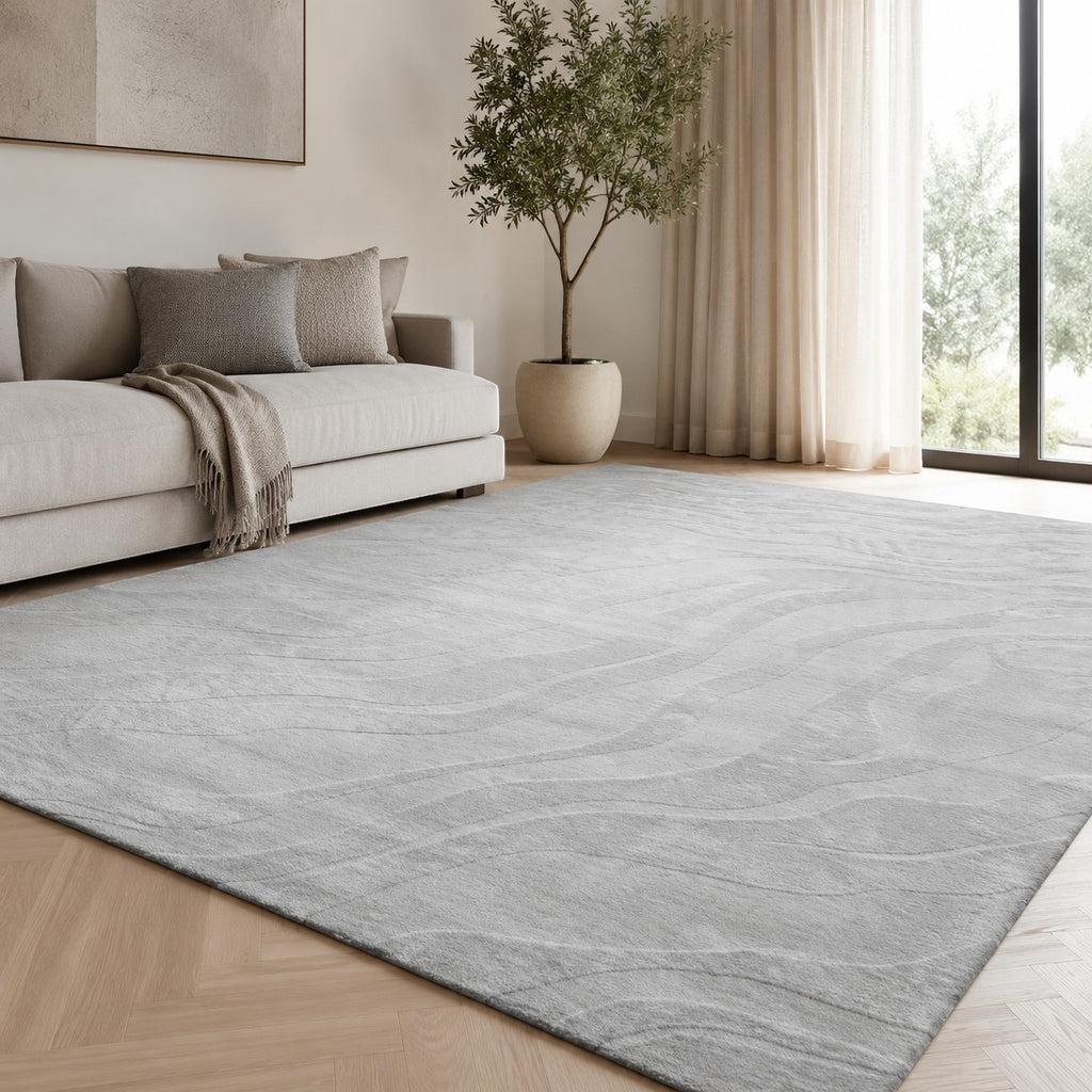 CarpetlyHome Bergamo organikus mintás szürke puha szőnyeg, hullámzó mintával, 100% polipropilén, 8 mm szálhossz.