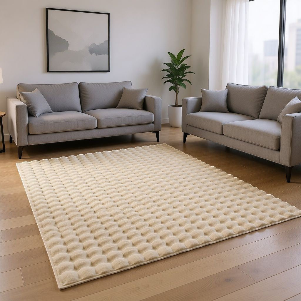 CarpetlyHome bézs színű, 3D buborék mintás, polipropilén szőnyeg, 15 mm szálhosszúsággal.