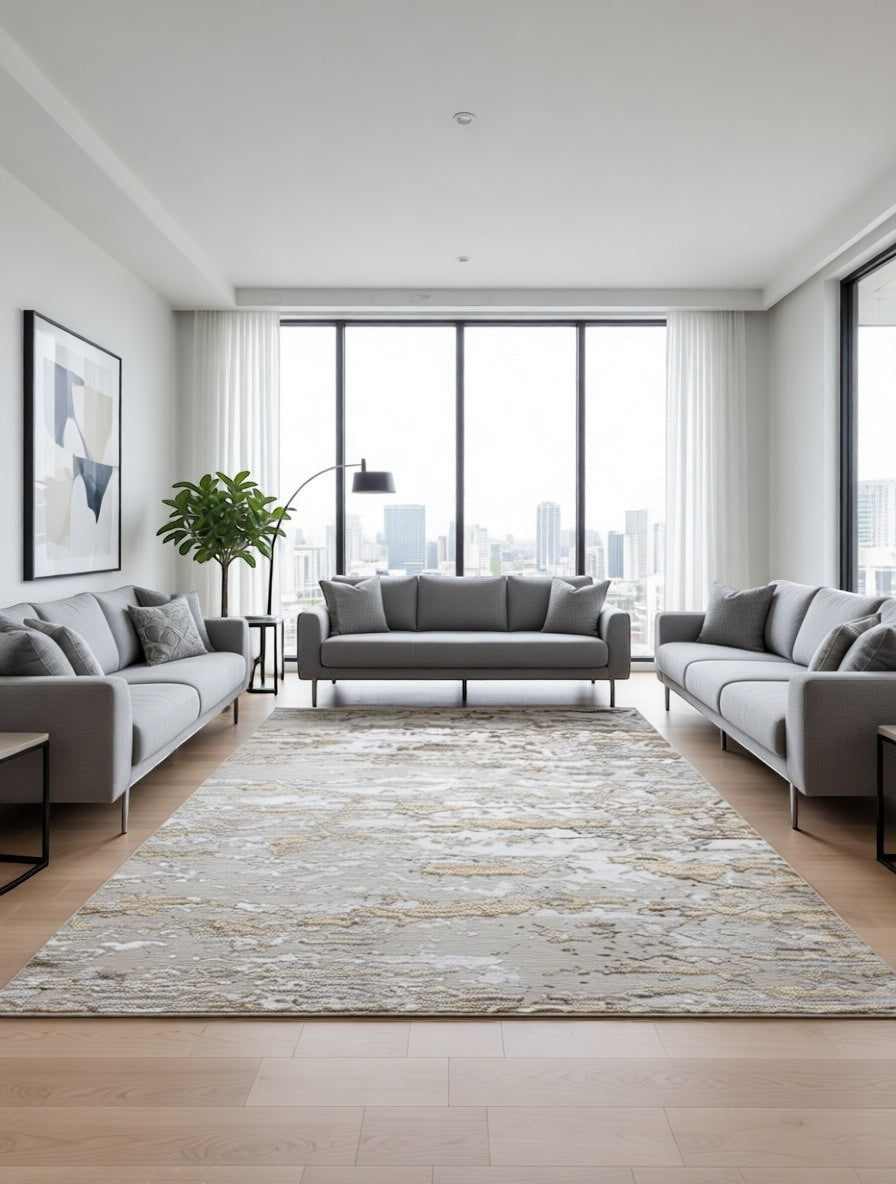 CarpetlyHome bézs-arany absztrakt mintás modern szőnyeg, 100% polipropilén, 12 mm szálhossz.