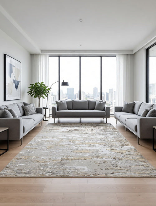 CarpetlyHome bézs-arany absztrakt mintás modern szőnyeg, 100% polipropilén, 12 mm szálhossz.