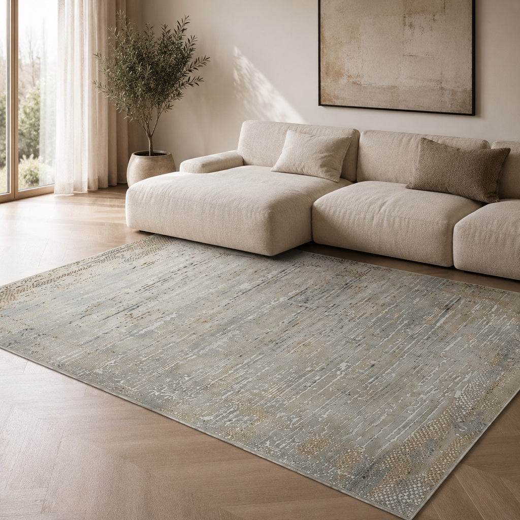 CarpetlyHome bézs-arany absztrakt mintás modern szőnyeg, 100% polipropilén, 12 mm szálhossz, nappaliba vagy hálószobába