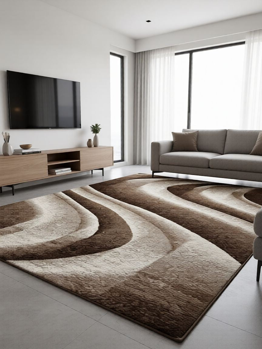 CarpetlyHome bézs-barna hullámos mintás modern szőnyeg, 100% polipropilén, 12 mm szálhossz.