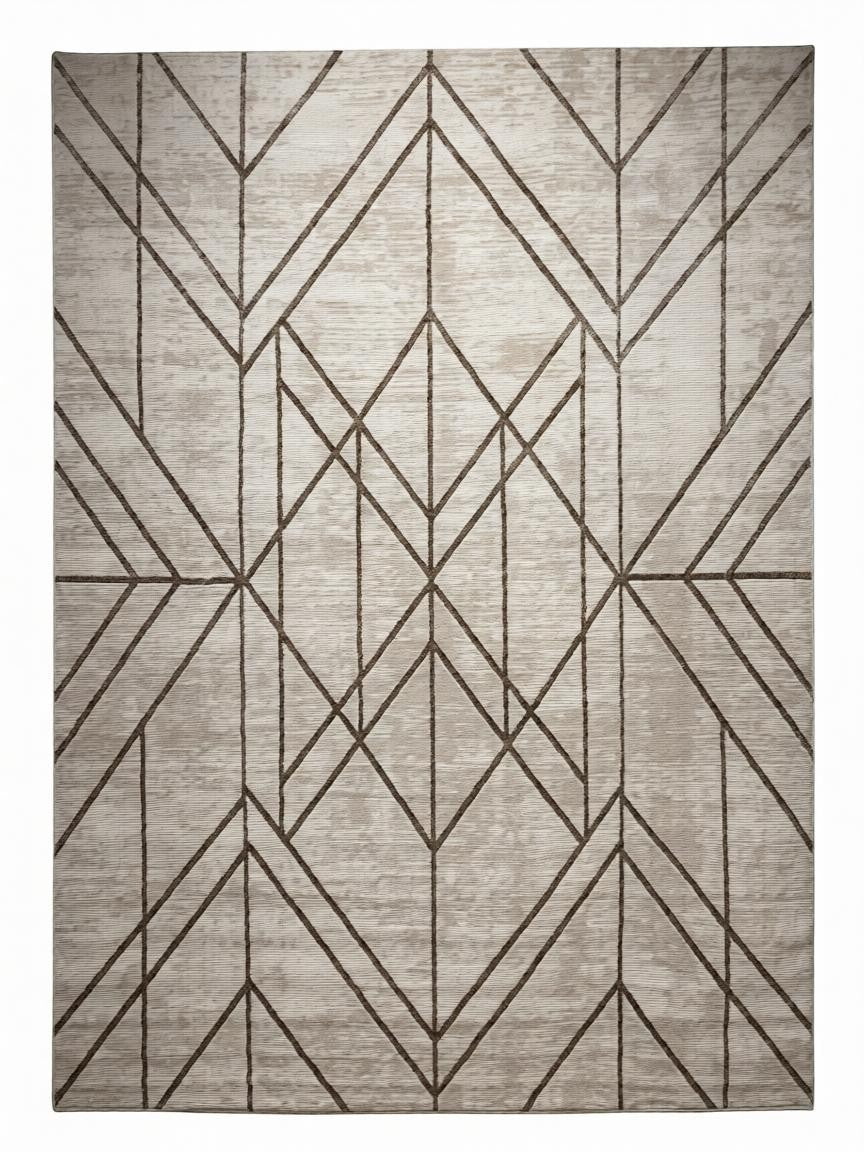 CarpetlyHome bézs színű, geometrikus mintás modern szőnyeg, 100% polipropilén, 12 mm szálhossz.
