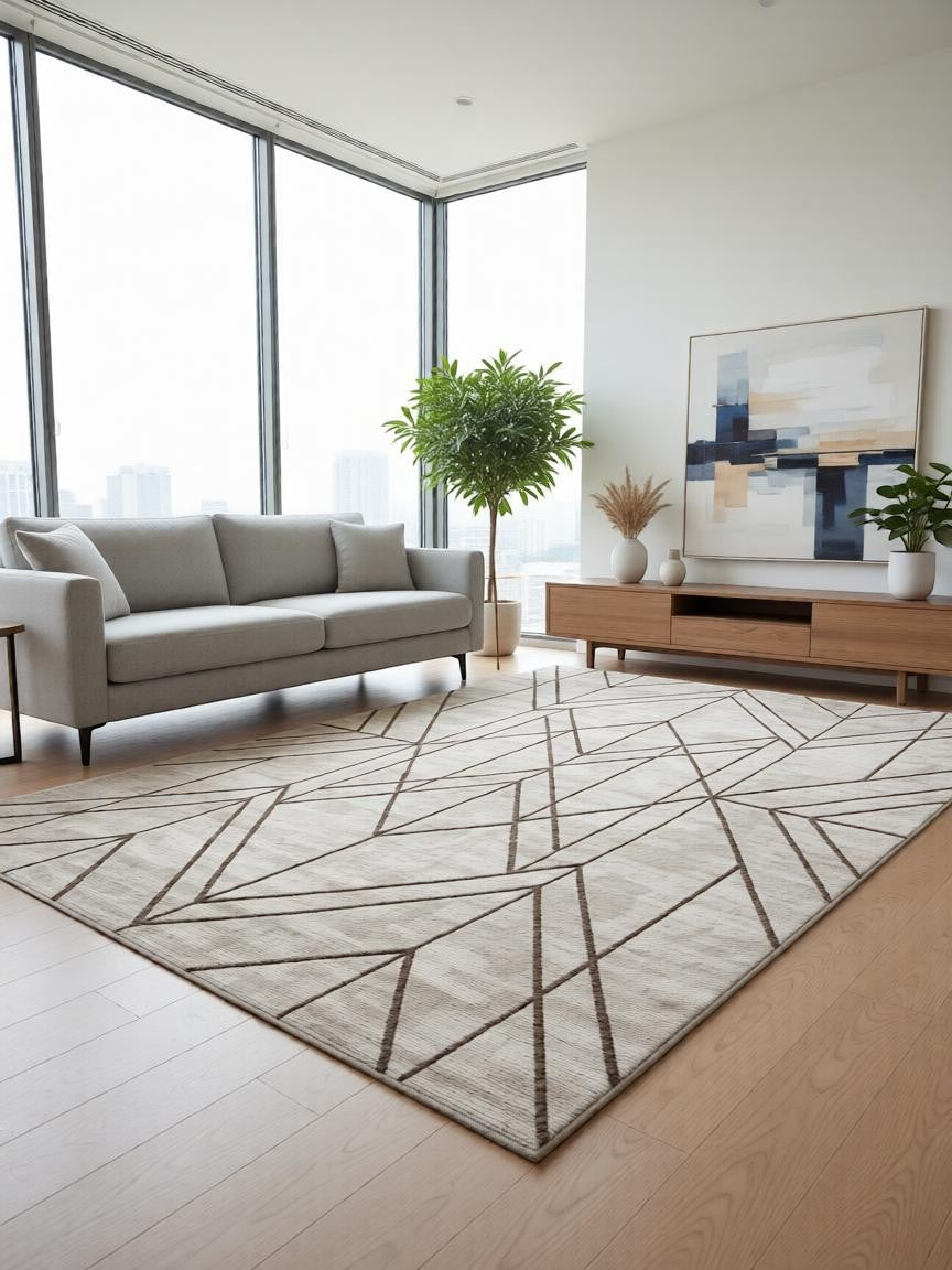 CarpetlyHome bézs színű, geometrikus mintás modern szőnyeg, 100% polipropilén, 12mm szálhossz.