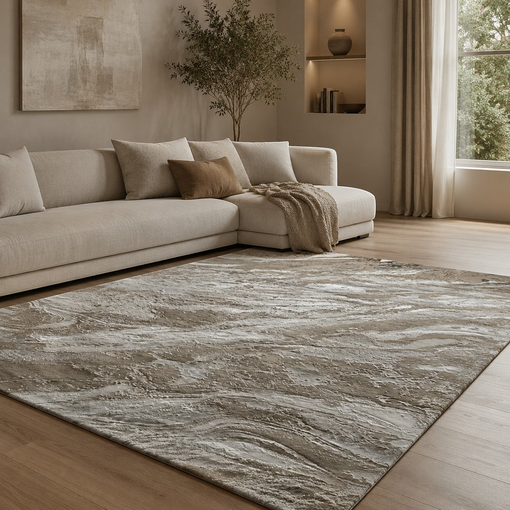 CarpetlyHome bézs márványmintás modern szőnyeg, 100% polipropilén, 8 mm szálhossz.