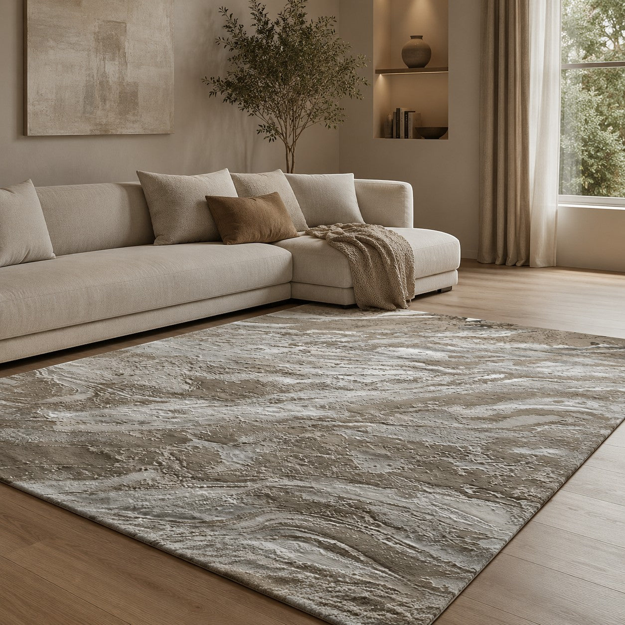 CarpetlyHome bézs márványmintás modern szőnyeg, 100% polipropilén, 8 mm szálhossz.