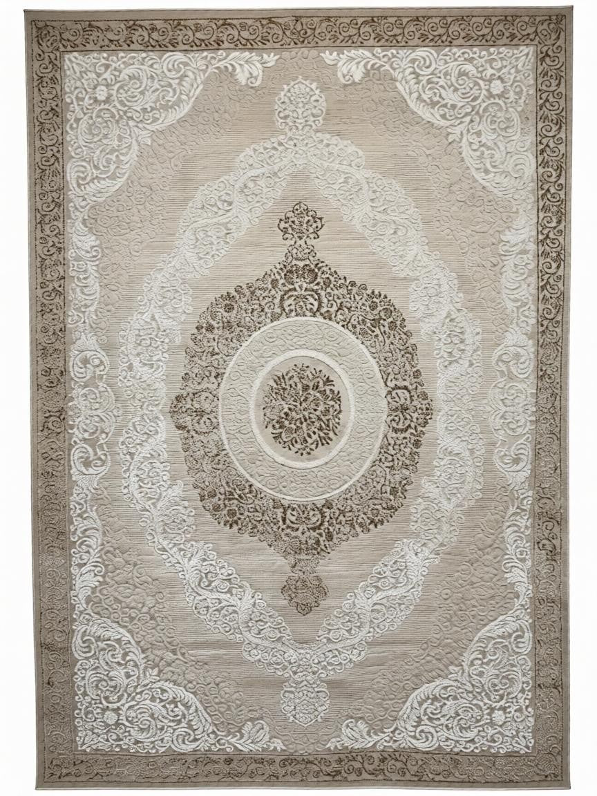 CarpetlyHome bézs színű, antik mintás, 100% polipropilén szőnyeg, 12 mm szálhosszúsággal, padlófűtéshez is alkalmas.