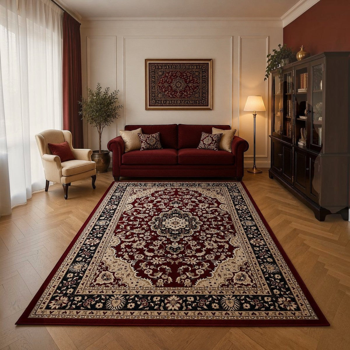CarpetlyHome klasszikus mintás, bordó-fekete, 100% polipropilén szőnyeg, 12 mm szálhosszúsággal