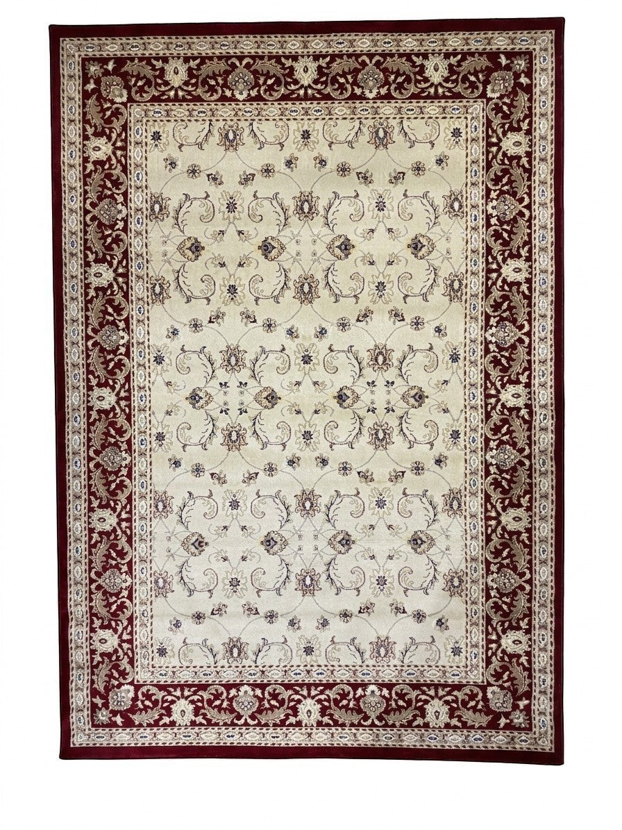 CarpetlyHome krém színű, klasszikus mintás, polipropilén szőnyeg bordó szegéllyel, 12 mm szálhosszúsággal.