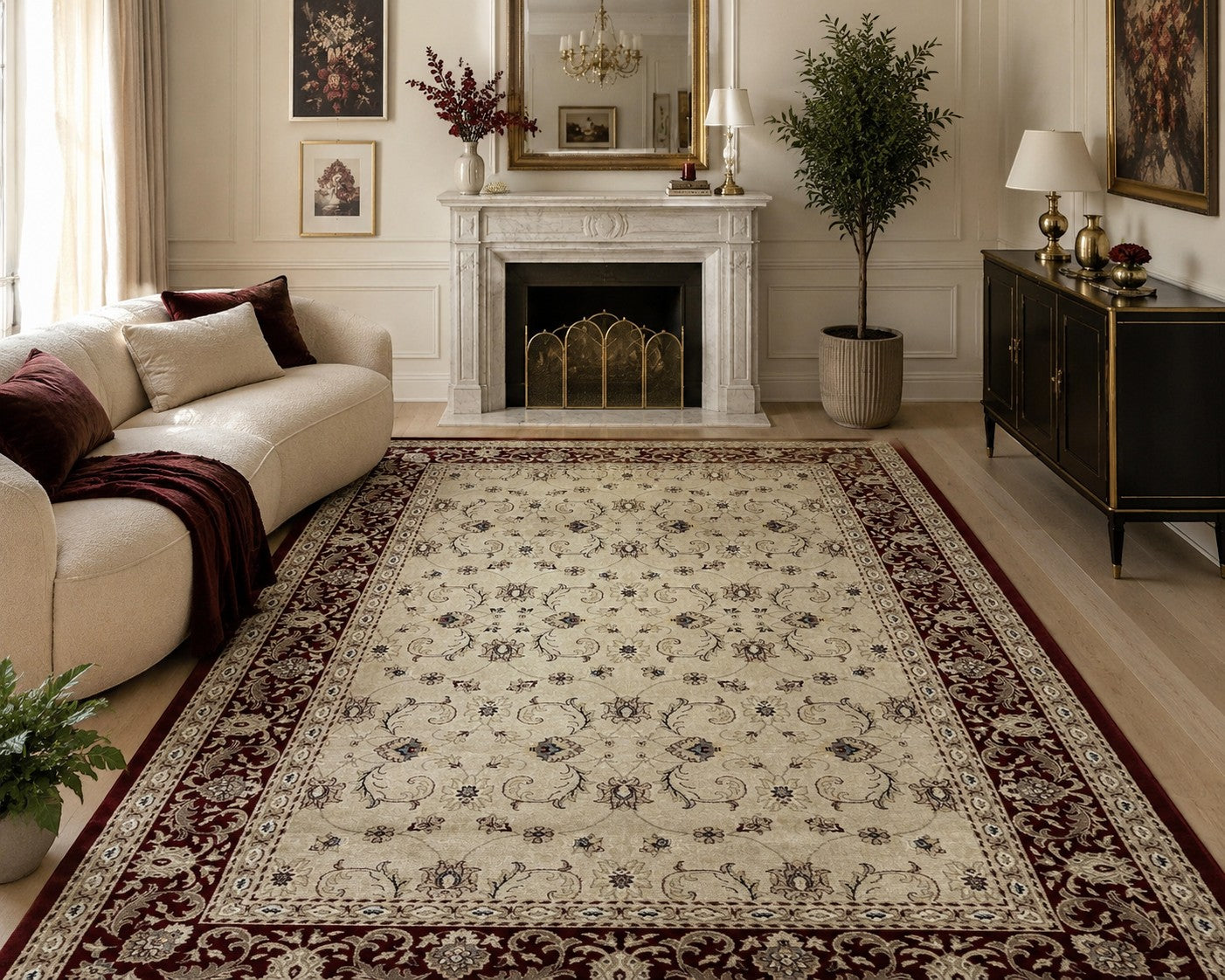 CarpetlyHome klasszikus mintás szőnyeg krémszínű alapon bordó szegéllyel, 100% polipropilén, 12 mm szálhossz.