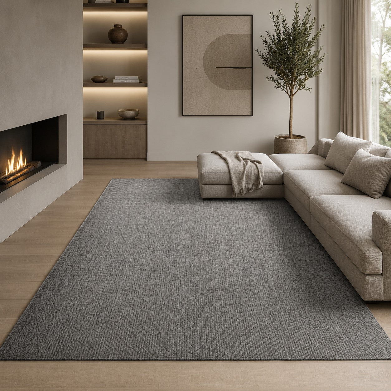 CarpetlyHome Bouclair modern szürke mintás szőnyeg nappaliban, 100% polipropilén anyagból, elegáns minimalista stílusban.