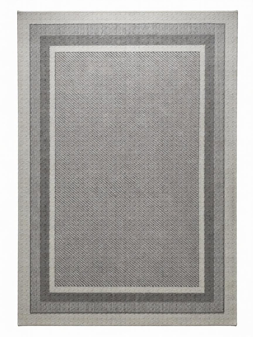 CarpetlyHome Bouclair szürke, keretes mintázatú modern polipropilén szőnyeg, 12 mm-es szálhosszúsággal.