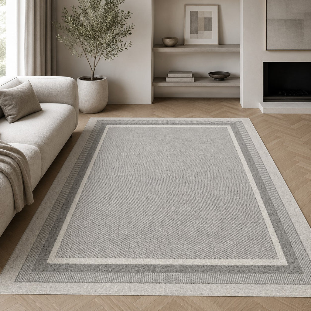 CarpetlyHome Bouclair szürke, keretes mintázatú modern polipropilén szőnyeg elegáns nappaliban.