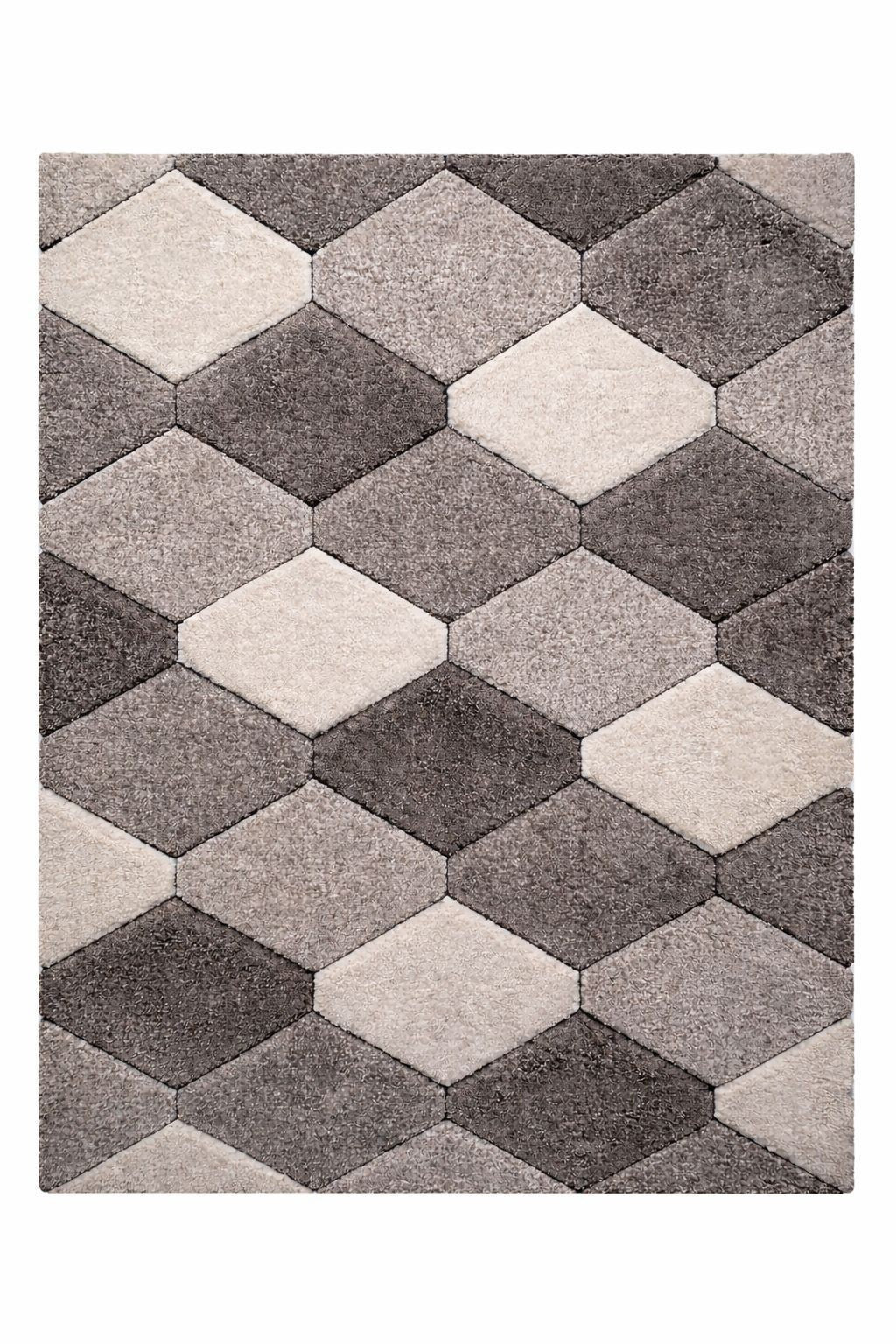 CarpetlyHome 3D California szürke shaggy szőnyeg hatszög mintával, szürke és krémszínű, 50mm szálhosszúságú, polipropilén.
