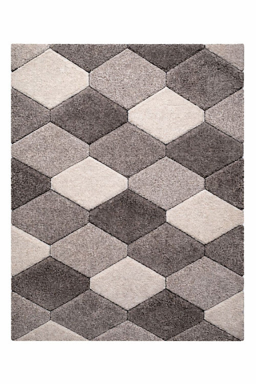 CarpetlyHome 3D California szürke shaggy szőnyeg hatszög mintával, szürke és krémszínű, 50mm szálhosszúságú, polipropilén.