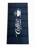 CarpetlyHome sötétkék futószőnyeg "Coffee Time" felirattal és kávéscsésze grafikával, poliészter, 7 mm szálhossz.