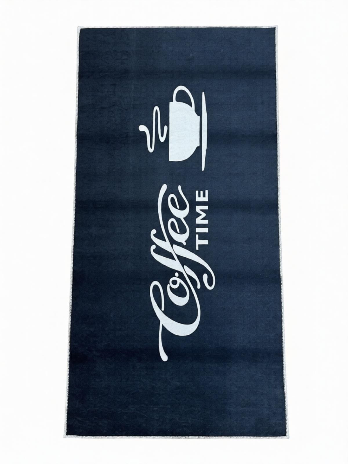 CarpetlyHome sötétkék futószőnyeg "Coffee Time" felirattal és kávéscsésze grafikával, poliészter, 7 mm szálhossz.