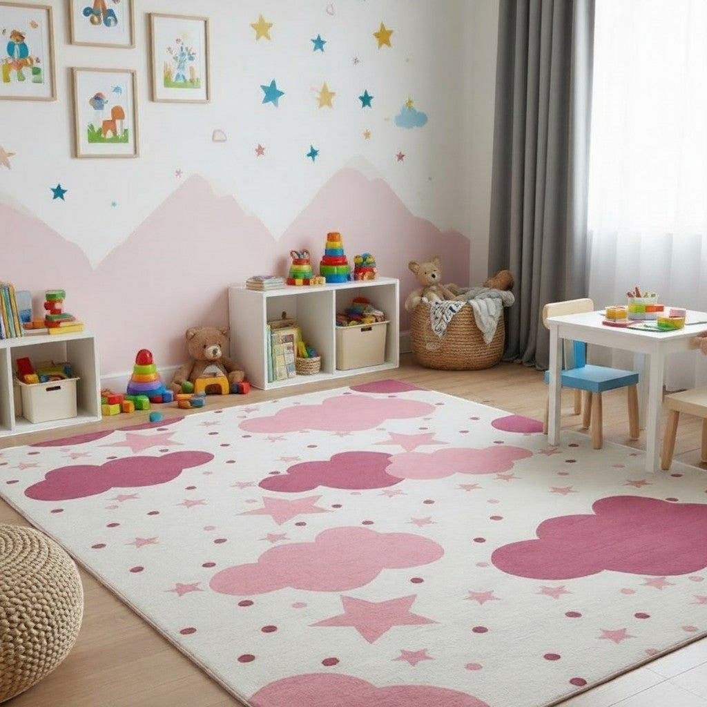 CarpetlyHome fehér és rózsaszín felhő mintás gyerekszőnyeg csillagokkal, puha polipropilén anyagból gyerekszobában.