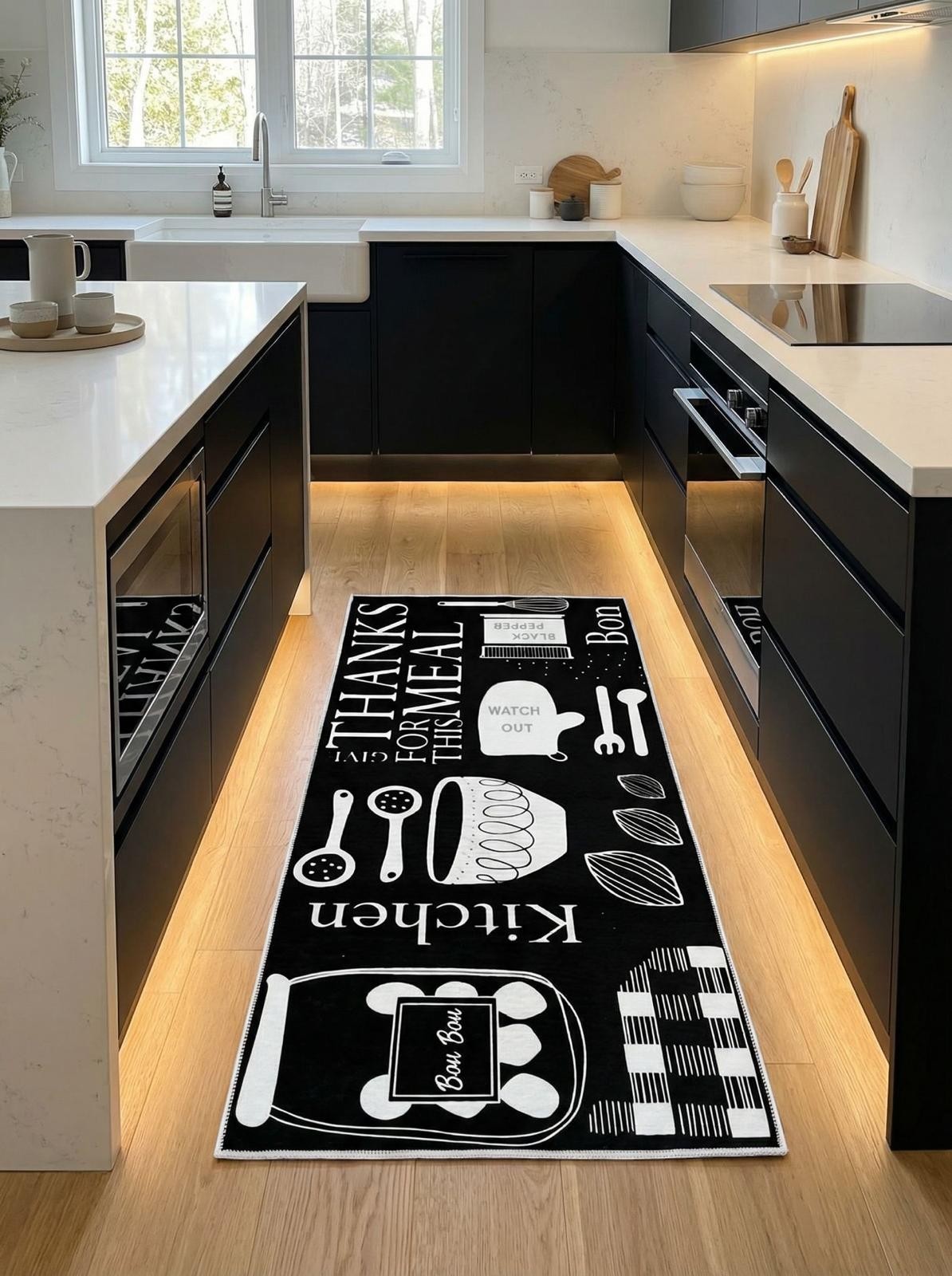 CarpetlyHome fekete-fehér mintás konyhai szőnyeg, konyhai eszközökkel és humoros feliratokkal.