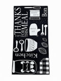 CarpetlyHome fekete-fehér mintás konyhai szőnyeg, konyhai eszközökkel, feliratokkal, polyester anyagból.