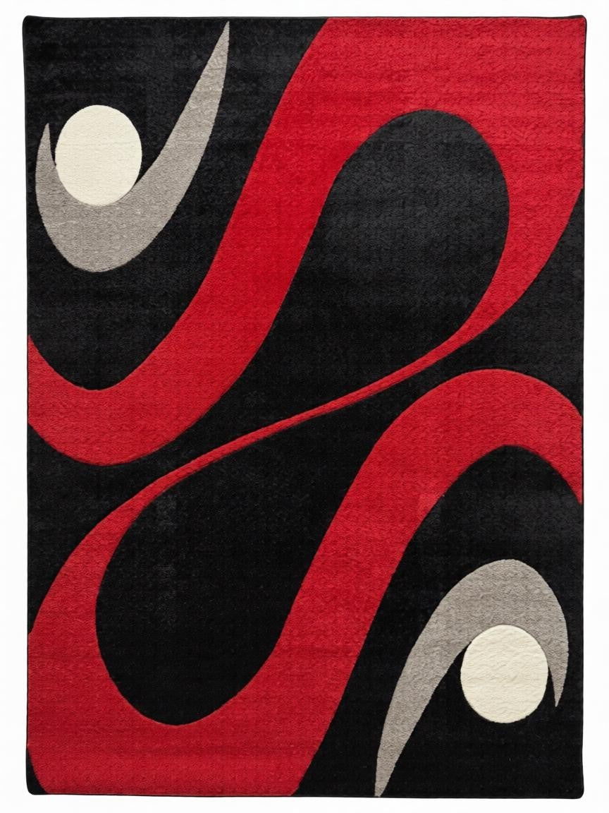 CarpetlyHome fekete-piros hullám mintás modern szőnyeg, 100% polipropilén, 12 mm szálhosszúság