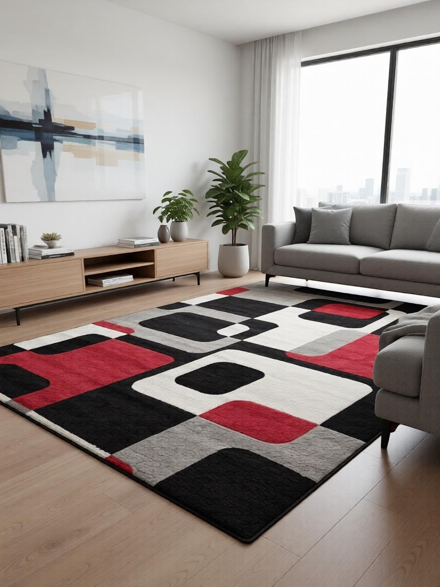 CarpetlyHome fekete-piros kockás modern szőnyeg, 100% polipropilén, 12 mm szálhossz, anti-allergén, padlófűtéshez is alkalmas.