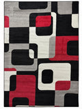 CarpetlyHome fekete-piros kockás modern szőnyeg, 100% polipropilén, 12 mm szálhossz, padlófűtéshez is alkalmas