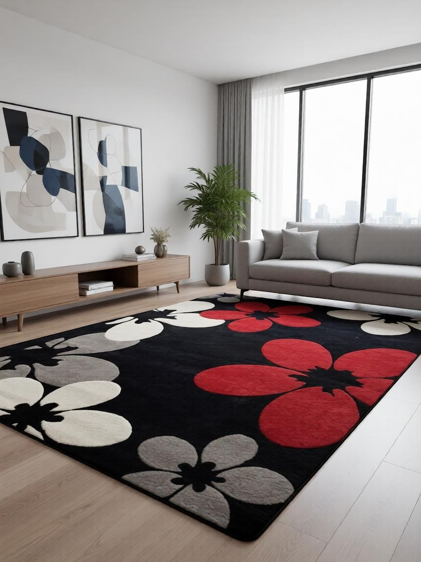 CarpetlyHome modern fekete szőnyeg piros, fehér és szürke virágmintával, 100% polipropilén, 12 mm szálhossz.