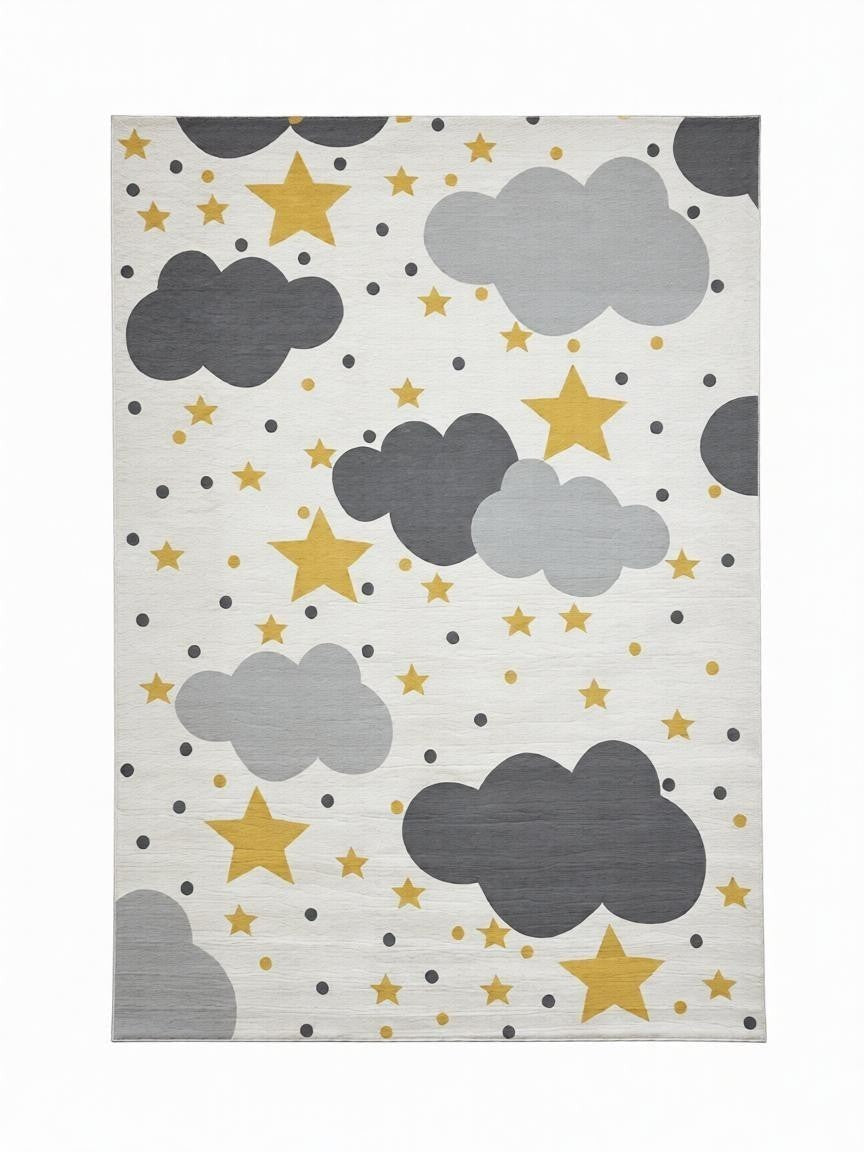 CarpetlyHome Felhők és Csillagok gyerekszőnyeg, szürke és arany színű, felhő és csillag mintás, 100% polipropilén, 8mm szálhossz.