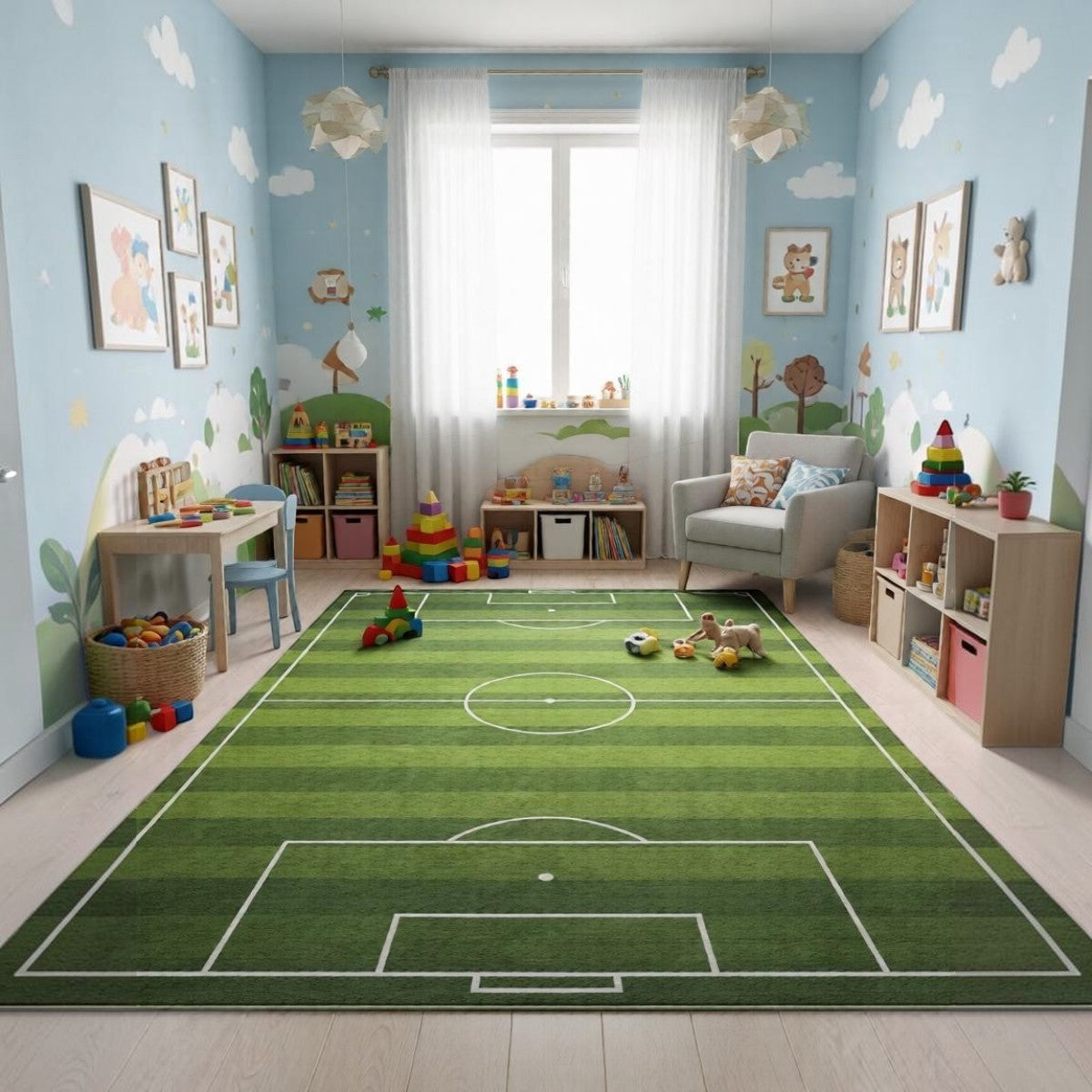 CarpetlyHome focipálya mintás zöld gyerekszőnyeg, 100% polipropilén, 8 mm szálhossz, gumis hátoldal, padlófűtéshez is alkalmas.