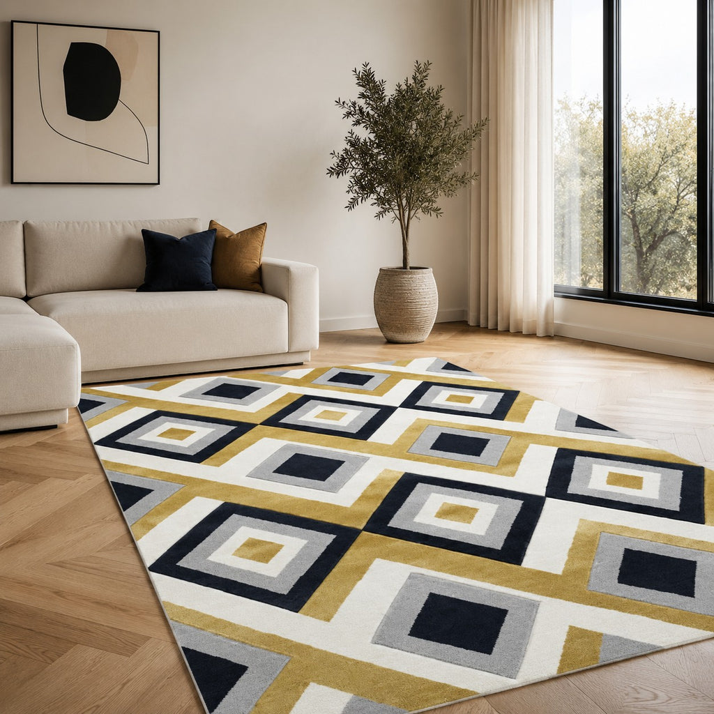 CarpetlyHome Franco sárga-szürke geo mintás modern szőnyeg, 100% polipropilén, 12 mm szálhossz, tartós és könnyen tisztítható