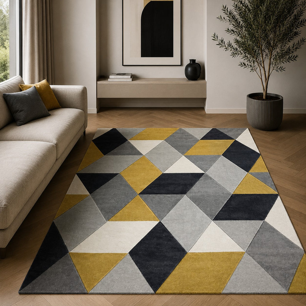 CarpetlyHome Franco sárga-szürke geo mintás modern szőnyeg, 100% polipropilén, 12 mm szálhossz, padlófűtéshez is alkalmas.