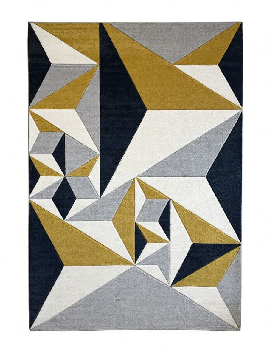 CarpetlyHome Franco sárga-szürke geo mintás modern szőnyeg, 100% polipropilén, 12 mm szálhossz.