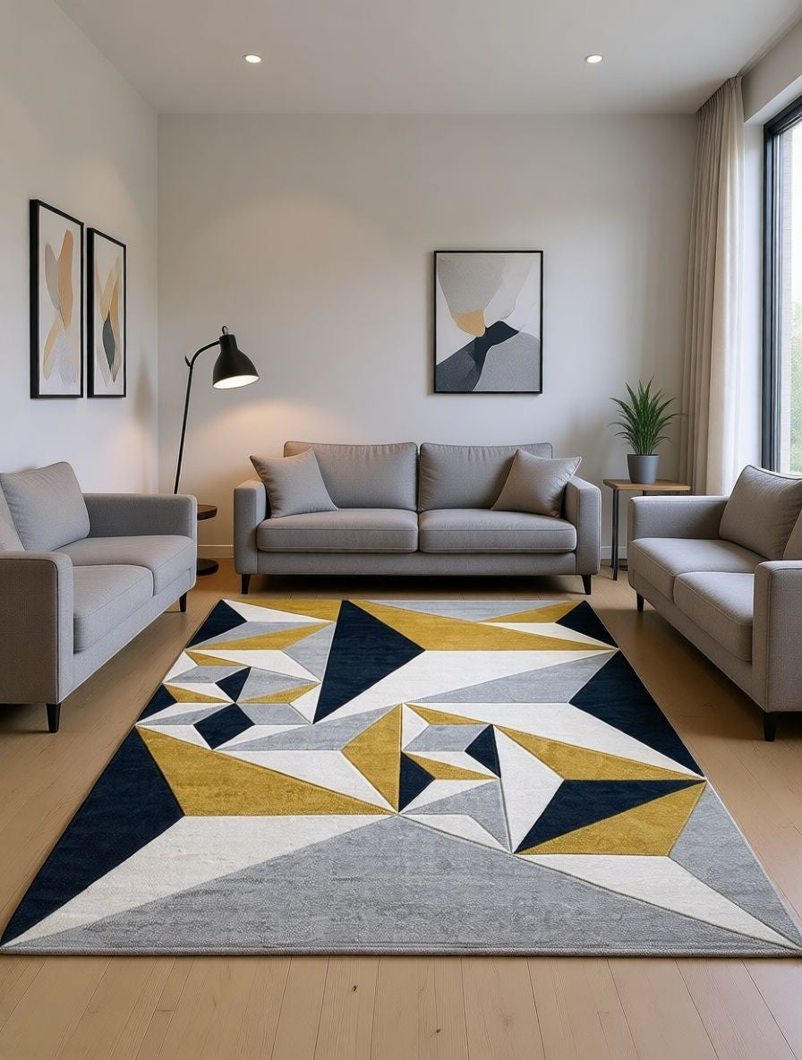 CarpetlyHome Franco sárga-szürke geo mintás modern szőnyeg, 100% polipropilén, 12 mm szálhossz.