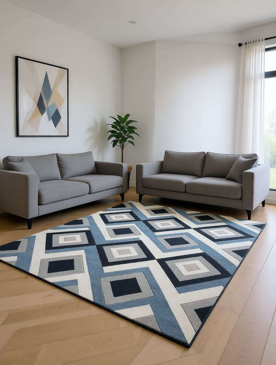 CarpetlyHome Franco kék-szürke geo mintás modern szőnyeg, 100% polipropilén, 12 mm szálhossz, tartós és puha.