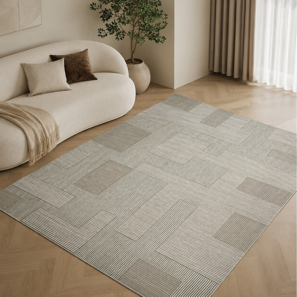 CarpetlyHome modern szőnyeg krém-bézs színben, geometriai mintával, 100% polipropilénből, 12mm szálhosszal.