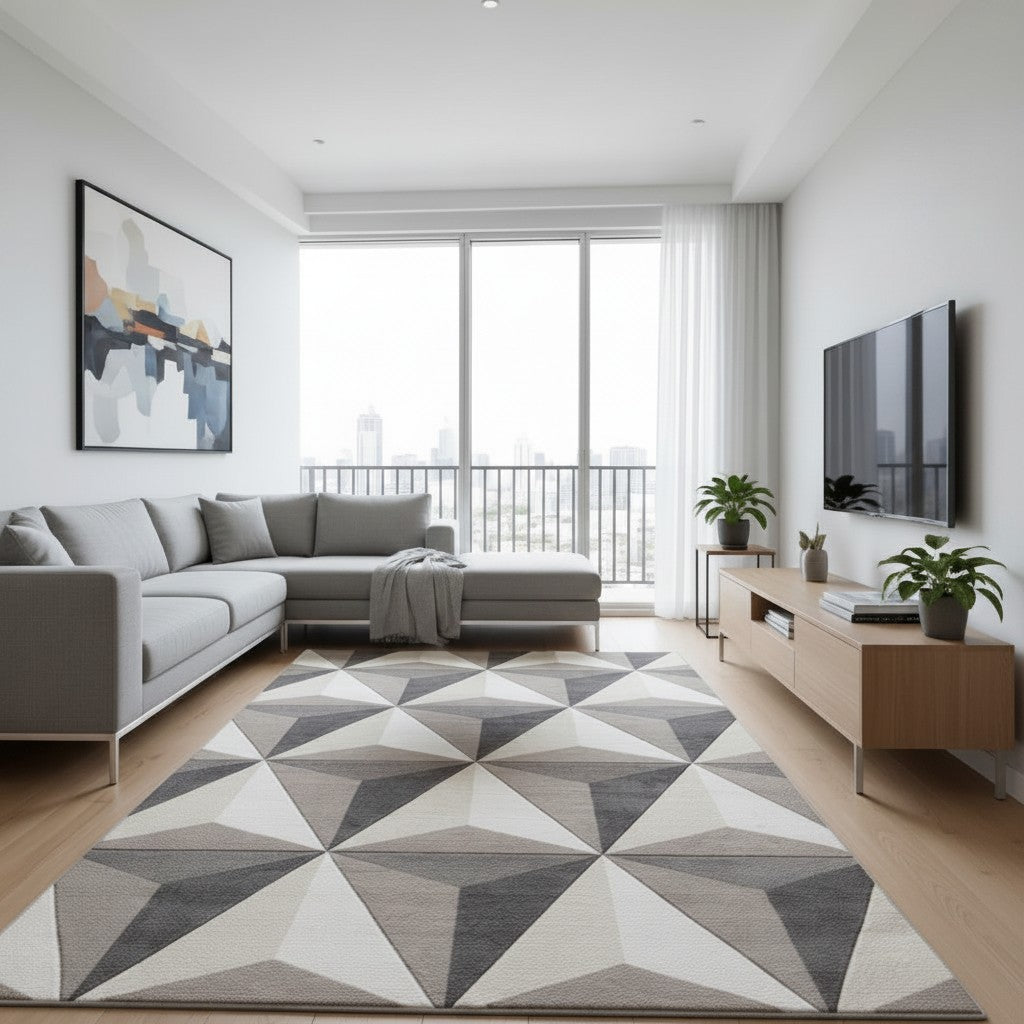 CarpetlyHome bézs, barna és szürke geometriai mintás modern szőnyeg, 100% polipropilén, 12 mm szálhossz.